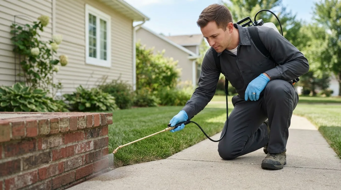 Pest control technician treating a home near Bluford, IL